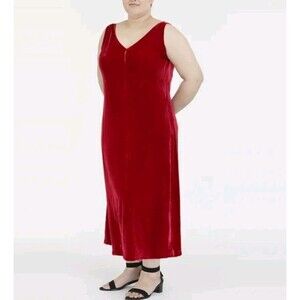 Eileen Fisher V Neck Full Length Dress Size Large Red Velvet Holiday Party Maxi